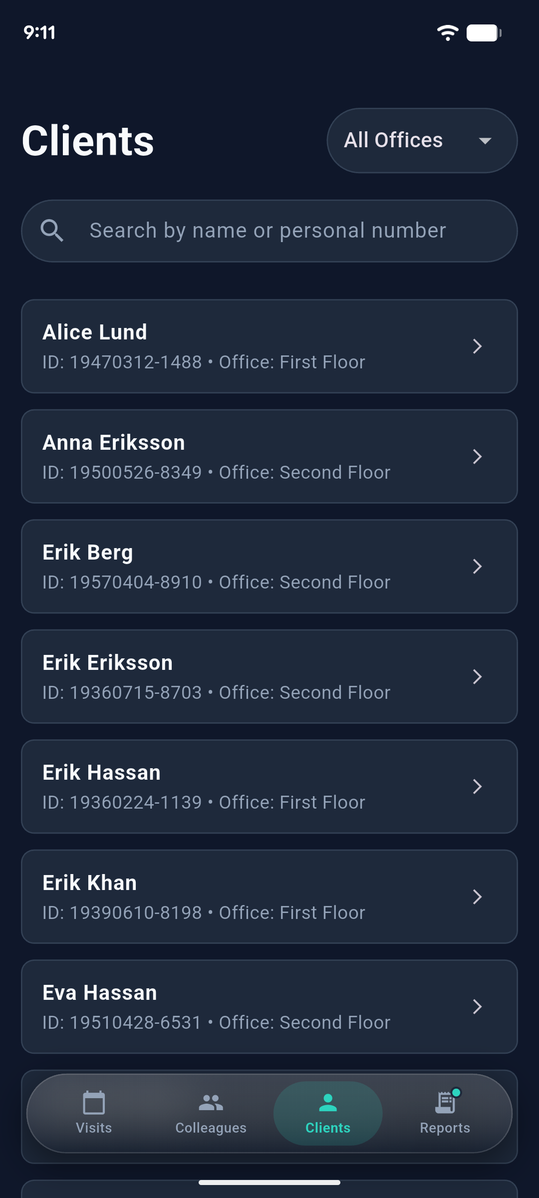 Worker app: clients list.