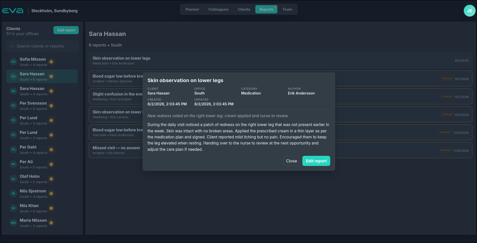 EVA reports view: clients listed with report counts and unread dots, a client’s reports with categories and authors, and a report detail popup.