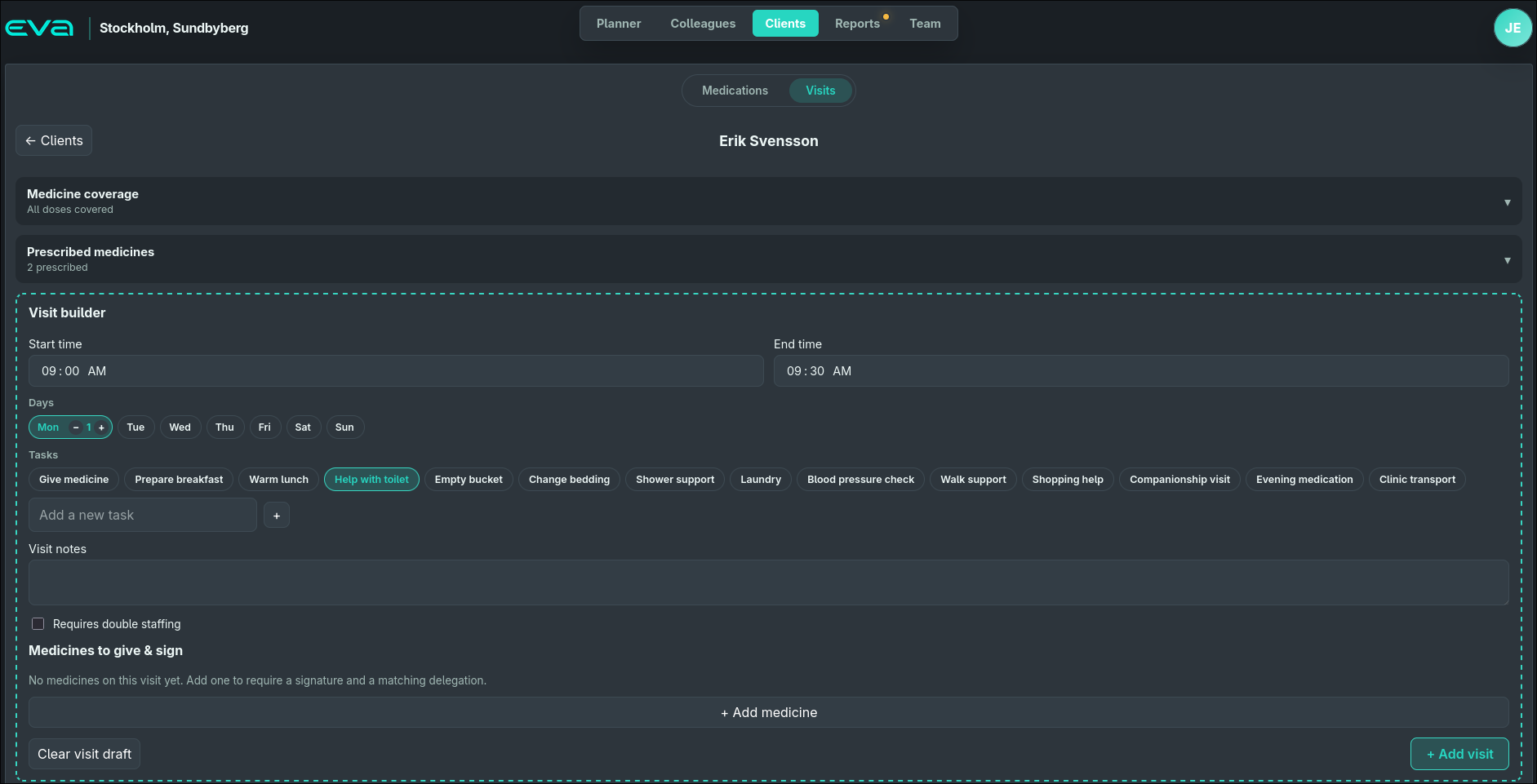 EVA visit builder showing start and end time, day pickers, task chips, visit notes, double staffing toggle and medicines to give and sign.