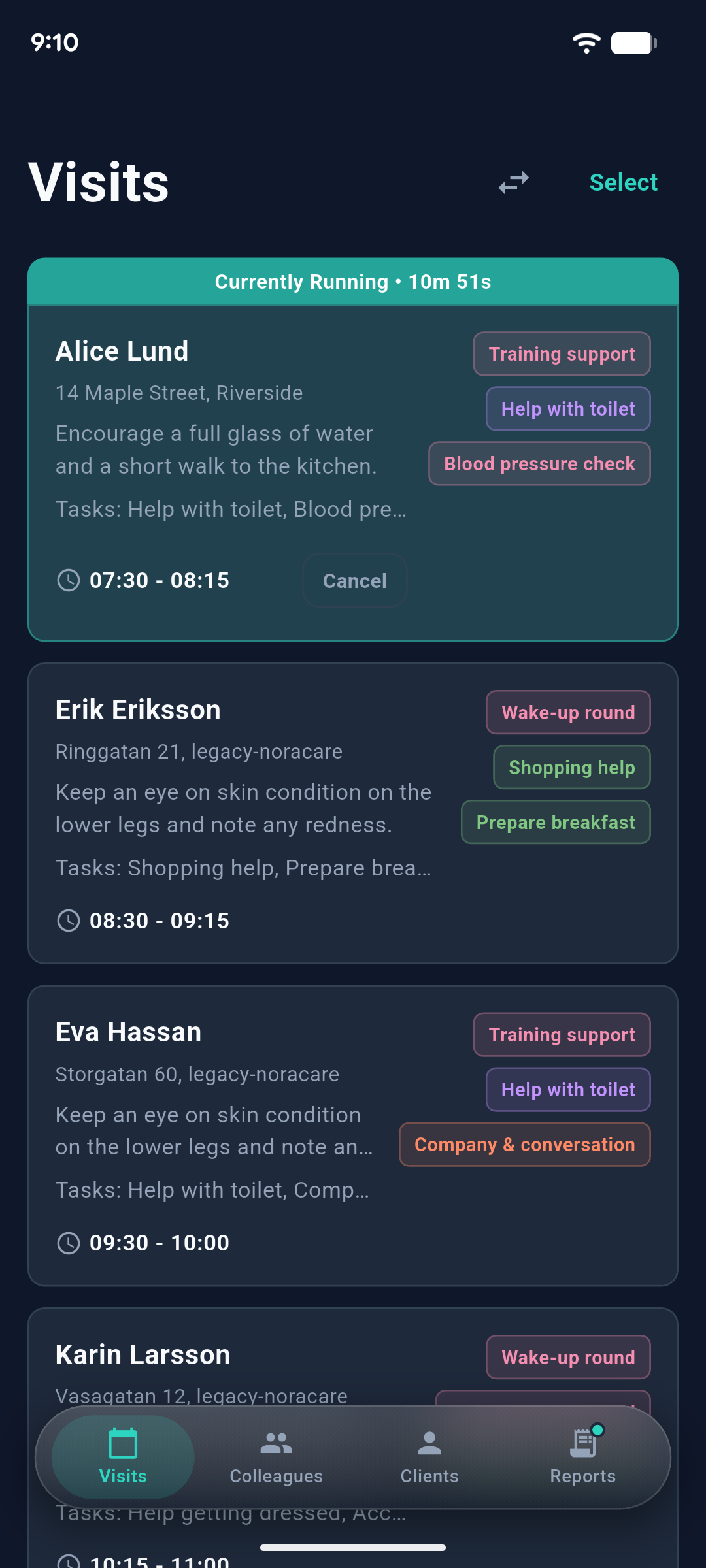 The EVA worker app showing today’s visits in order, with the current visit running and timed.